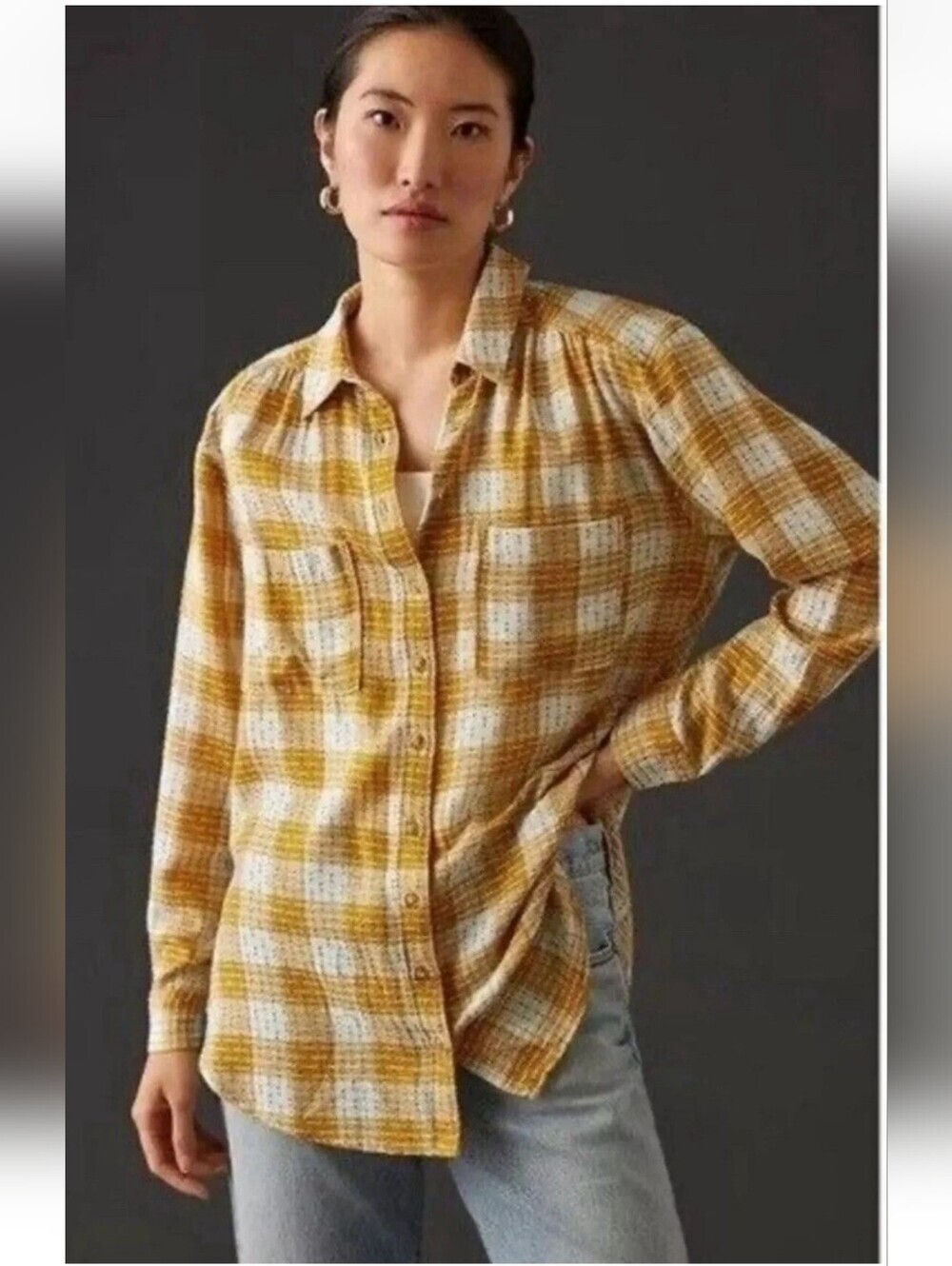 Pilcro Anthropologie Motif Women Top Blouse Shirt Size Med Mustard Long Sleeve